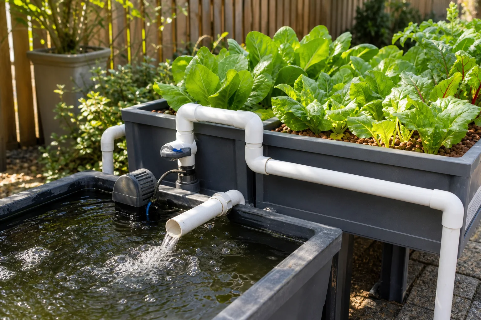 Close view of a home aquaponics system with a gray grow bed, white circulation pipes, water pump and healthy leafy greens
