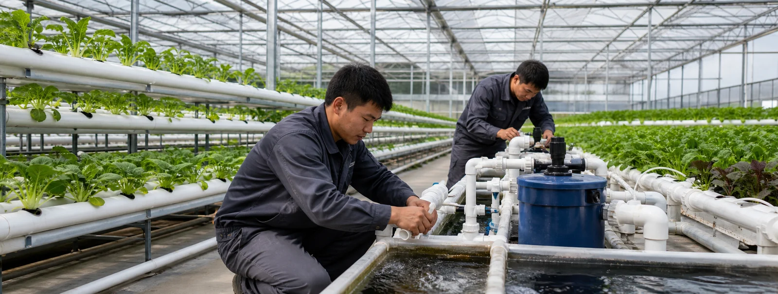 Aquaponics system installation with accessible pipework, filters and grow beds prepared for final checks