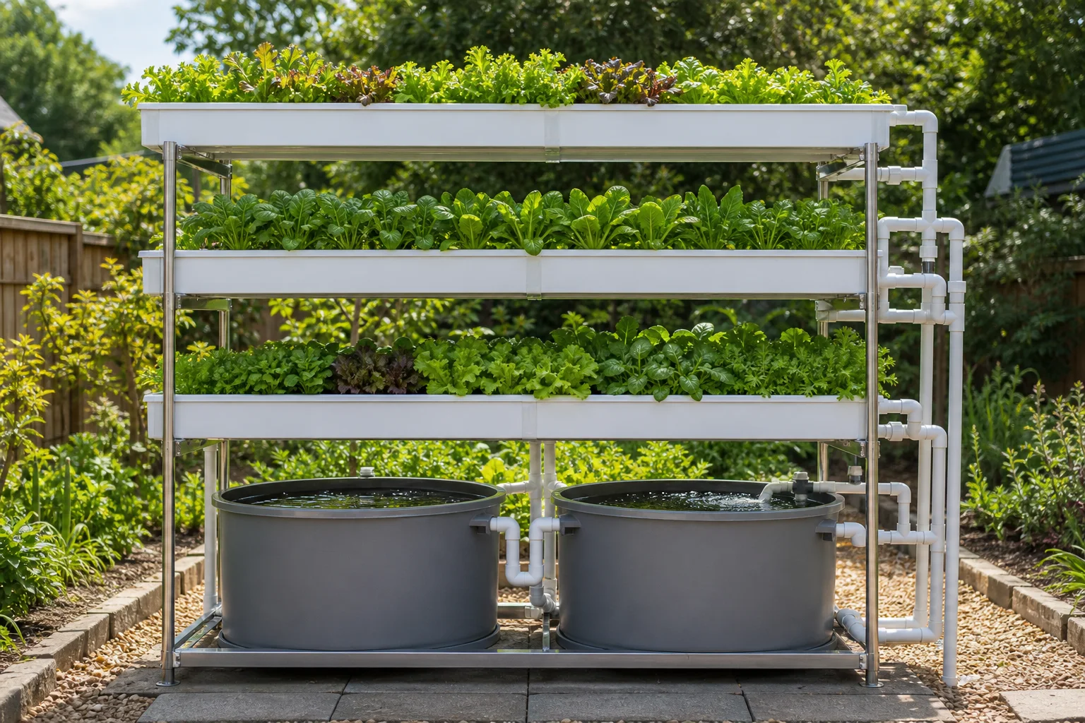 Three-tier modular aquaponics system with stacked leafy-green grow beds, grey fish tanks and connected circulation plumbing
