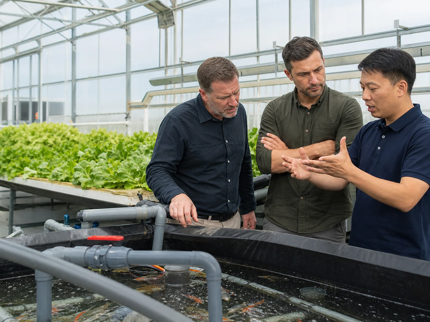 European agricultural project managers visiting a YAFAN commercial aquaponics greenhouse with a Chinese engineer