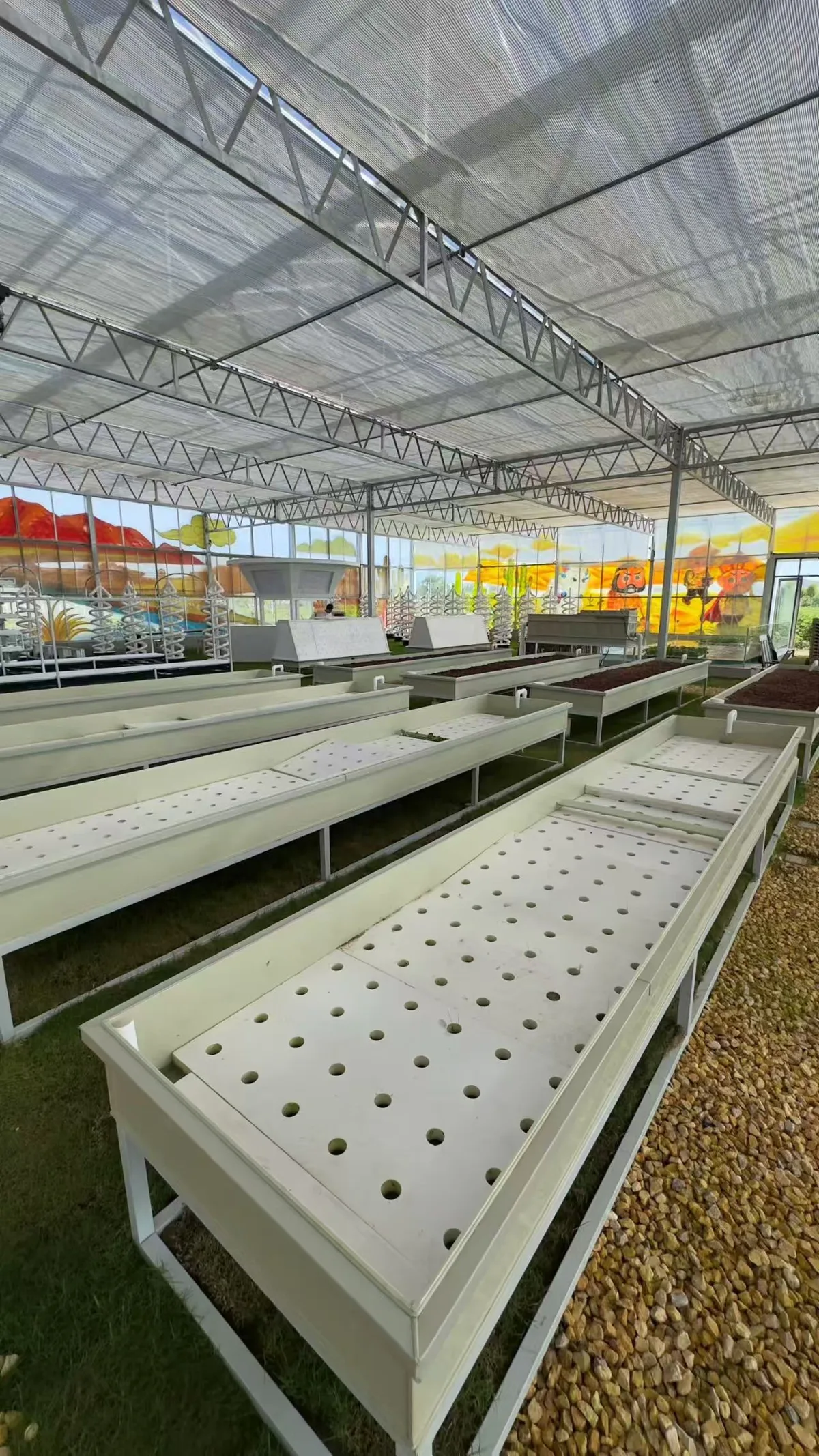 Installed aquaponics raft beds and grow channels in a covered project greenhouse