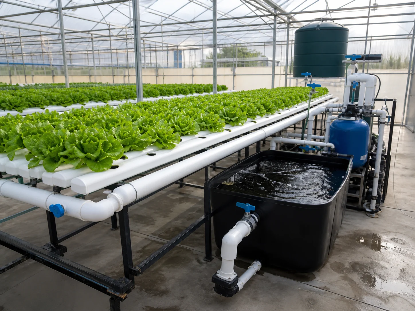 Commercial NFT aquaponics system with mature lettuce channels, fish tank and filtration equipment