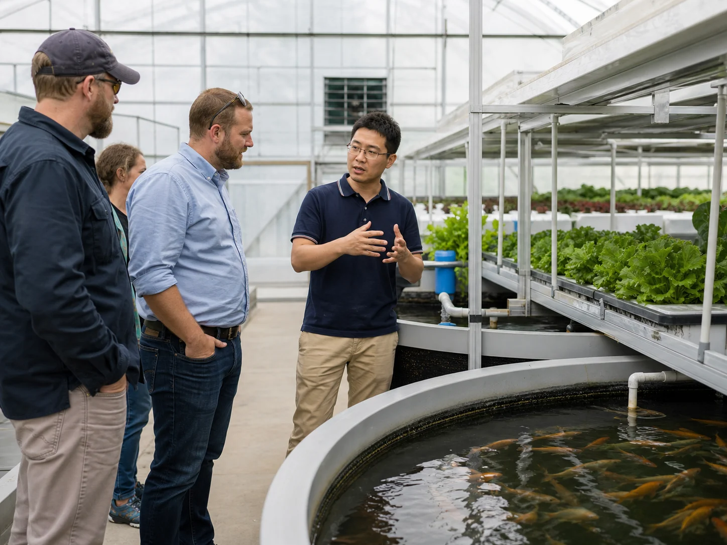 Chinese YAFAN engineer introducing greenhouse aquaponics grow beds and fish tanks to Western commercial farm clients