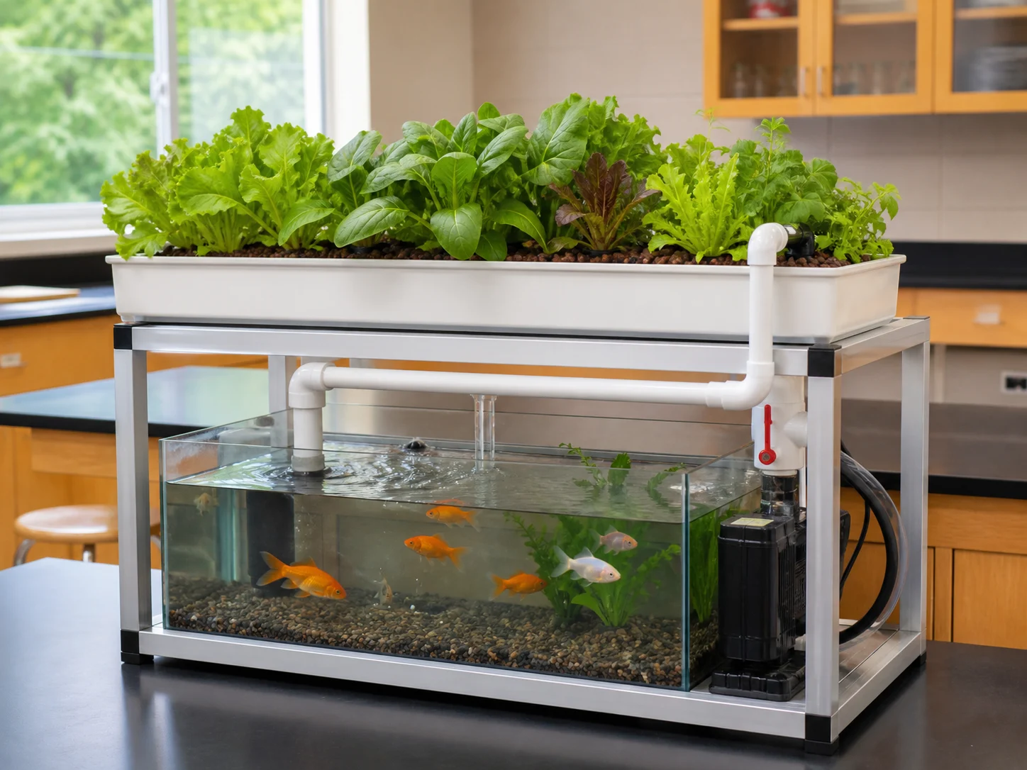 Compact classroom aquaponics demonstration system with clear fish tank and leafy grow bed