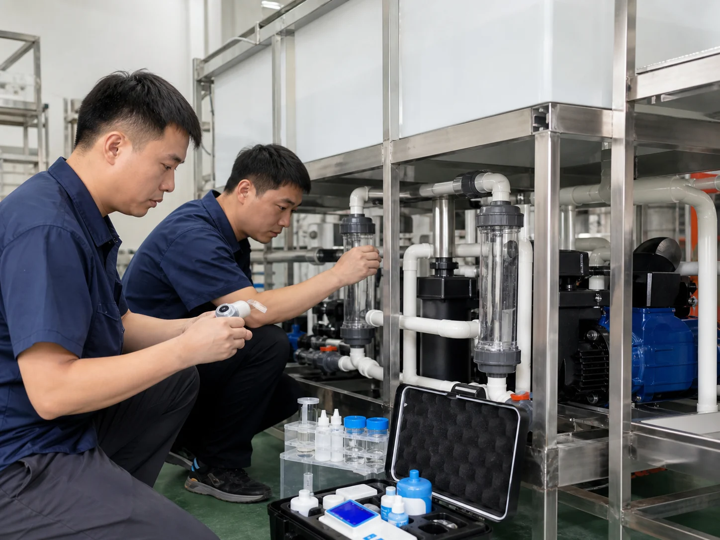 Chinese technicians inspecting aquaponics filtration, plumbing and water-quality testing equipment before shipment