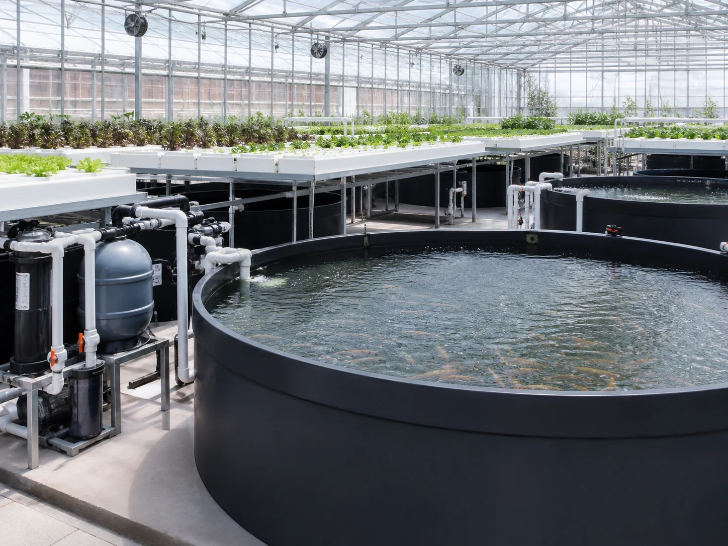 Large greenhouse aquaponics system with circular fish tanks, elevated grow beds and filtration equipment