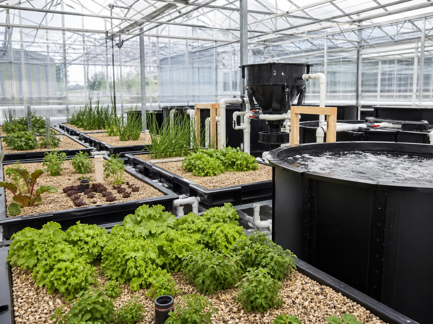 Commercial media-bed aquaponics system with gravel grow beds, swirl filter and fish tank