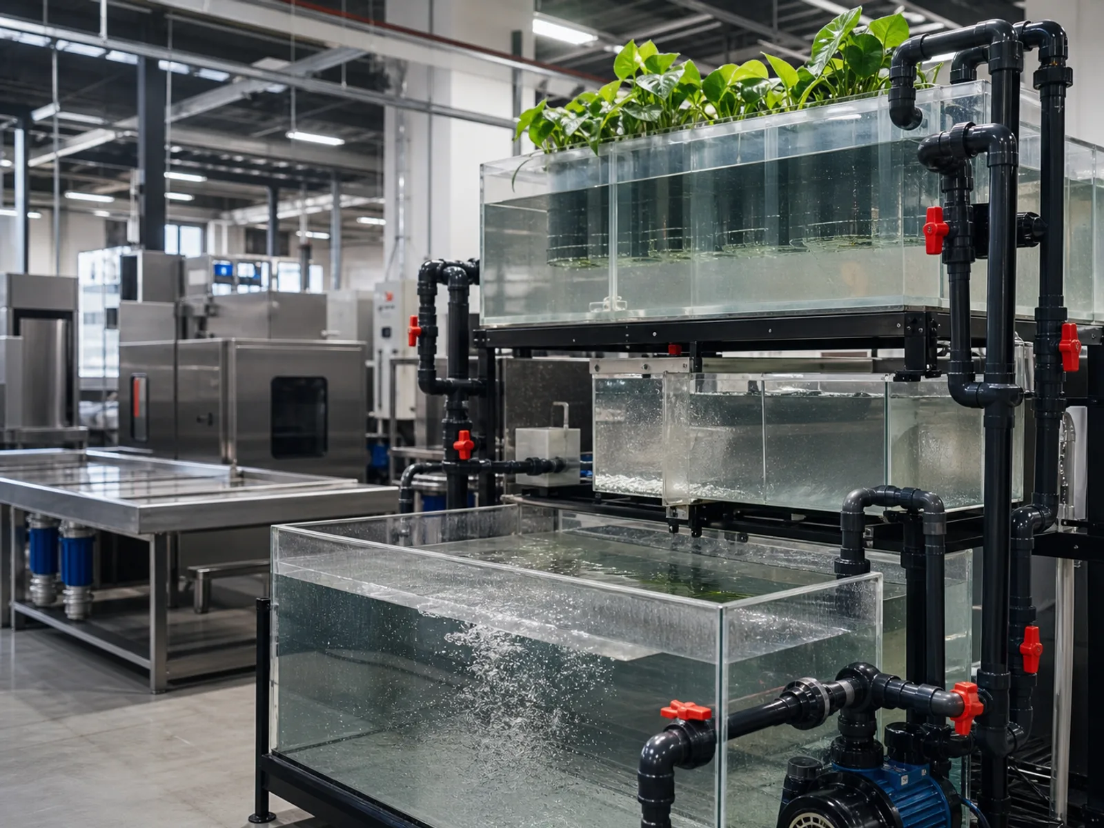 Commercial aquaponics water-loop test rig in a clean factory