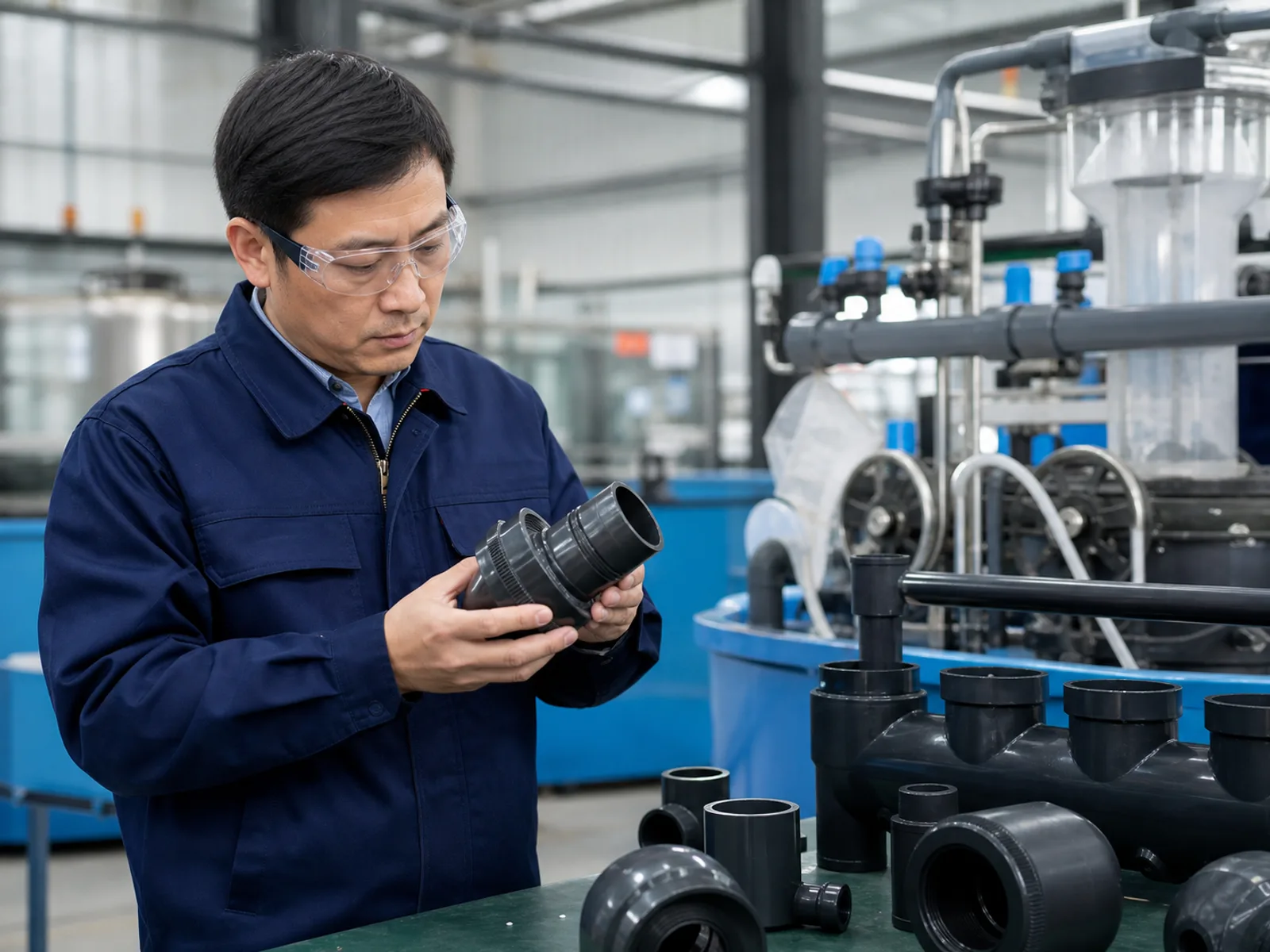 YAFAN engineer inspecting an aquaponics pipe fitting at a factory workbench
